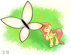Size: 2200x1700 | Tagged: safe, artist:dulcepanque, fluttershy, butterfly, g4, abstract background, female, folded wings, hoof on chest, looking up, raised hoof, solo, standing