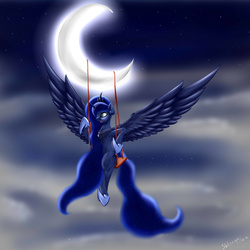 Size: 5000x5000 | Tagged: safe, artist:skitsroom, princess luna, g4, absurd resolution, cloud, female, moon, night, solo, spread wings, swing, tangible heavenly object