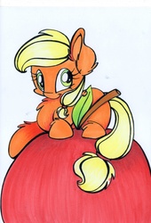 Size: 2015x2959 | Tagged: safe, artist:cutepencilcase, applejack, g4, trade ya!, apple, chest fluff, female, food, giant apple, hatless, high res, missing accessory, prone, solo