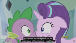 Size: 1281x722 | Tagged: safe, screencap, spike, starlight glimmer, g4, the crystalling, discovery family logo, meme, youtube caption, youtube link