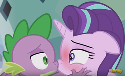 Size: 719x437 | Tagged: safe, edit, edited screencap, screencap, spike, starlight glimmer, dragon, pony, unicorn, g4, the crystalling, bedroom eyes, blushing, discovery family logo, duo, eye contact, female, floppy ears, interspecies, kiss edit, kiss on the lips, kissing, male, mare, ship:sparlight, shipping, straight, wide eyes