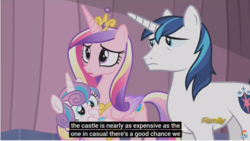 Size: 1281x722 | Tagged: safe, screencap, princess cadance, princess flurry heart, shining armor, pony, g4, the crystalling, baby, baby pony, diaper, discovery family logo, foal, meme, youtube caption, youtube link