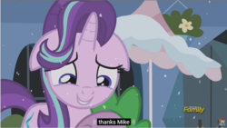 Size: 1281x722 | Tagged: safe, screencap, spike, starlight glimmer, dragon, unicorn, g4, the crystalling, crystal empire, discovery family logo, duo, floppy ears, horn, meme, snow, youtube caption, youtube link