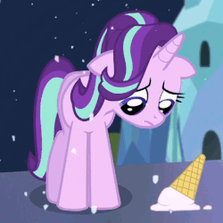 Size: 443x443 | Tagged: safe, edit, screencap, starlight glimmer, g4, the crystalling, animated, dropped ice cream, female, floppy ears, food, hilarious in hindsight, ice cream, loop, sad, sad face, sadlight glimmer, snow, snowfall, solo, tearjerker, tragedy