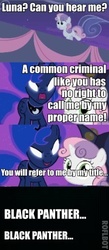 Size: 186x427 | Tagged: safe, edit, edited screencap, screencap, princess luna, sweetie belle, alicorn, pony, unicorn, for whom the sweetie belle toils, g4, luna eclipsed, black panther, female, impact font, mare, text