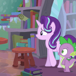 Size: 493x493 | Tagged: safe, screencap, spike, starlight glimmer, pony, g4, the crystalling, animated, sitting, stool