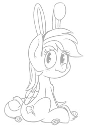Size: 851x1247 | Tagged: safe, artist:pink-dooples, rainbow dash, g4, blushing, bunny ears, cute, easter, egg, female, shy, sitting, sketch, solo
