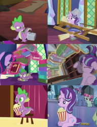 Size: 671x877 | Tagged: safe, screencap, atticus, cherry valley, sly flourish, spike, starlight glimmer, dragon, pony, unicorn, g4, power ponies (episode), the crystalling, the hooffields and mccolts, too many pinkie pies, book, comparison, female, filly, filly starlight glimmer, food, glowing horn, horn, magic, male, mare, popcorn, sitting, stool, telekinesis, younger
