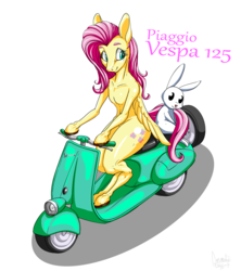 Size: 1915x2152 | Tagged: safe, artist:gun-modoki, angel bunny, fluttershy, rabbit, anthro, unguligrade anthro, g4, animal, moped, motorcycle, nudity, shadow, simple background, sitting, text, vespa, white background