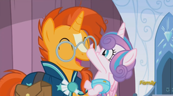 Size: 851x475 | Tagged: safe, screencap, princess flurry heart, sunburst, alicorn, pony, unicorn, g4, the crystalling, baby, bag, clothes, crystal empire, cute, diamond, diaper, discovery family, discovery family logo, door, female, flurrybetes, foal, glasses, laughing, male, robe, saddle bag, smiling, stallion, sunbetes, sunburst's cloak, sunburst's glasses, uncle sunburst, watermark