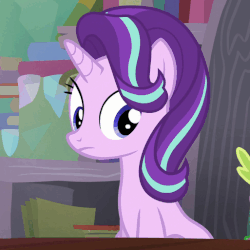 Size: 513x513 | Tagged: safe, screencap, spike, starlight glimmer, pony, unicorn, g4, the crystalling, animated, annoyed, female, floppy ears, frown, gif, glare, i watch it for the ears, mare, raised eyebrow, raised hoof, solo focus, starlight glimmer is not amused, unamused, wide eyes, worried