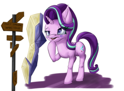 Size: 3994x2923 | Tagged: dead source, safe, artist:itresad, starlight glimmer, g4, the crystalling, confused, female, frown, high res, open mouth, road sign, scene interpretation, sign, simple background, solo, thinking, transparent background, twilight's castle