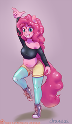 Size: 521x890 | Tagged: safe, artist:draneas, pinkie pie, earth pony, anthro, plantigrade anthro, g4, belly button, chubby, clothes, converse, female, looking at you, pantyhose, plump, shoes, smiling, sneakers, solo, tights