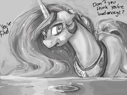 Size: 1600x1200 | Tagged: safe, artist:lisa400, princess celestia, g4, cake, cakelestia, eating, female, floppy ears, food, grayscale, messy eating, missing accessory, monochrome, puffy cheeks, solo, table, wingless