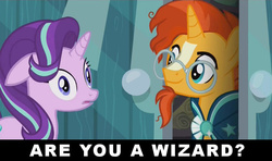 Size: 853x505 | Tagged: safe, screencap, starlight glimmer, sunburst, pony, unicorn, g4, season 6, the crystalling, are you a wizard, derp, duo, female, floppy ears, frown, funny, image macro, male, mare, meme, open mouth, smiling, stallion, wide eyes, wizard