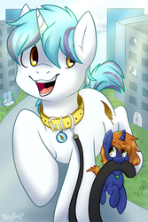Size: 2000x3000 | Tagged: safe, artist:rainypaws, oc, oc only, oc:snap fable, oc:star bright, pony, unicorn, building, celestial jewelry, city, collar, cutie mark, cutie mark collar, giant pony, godpone, high res, leash, macro, micro, pet, pet play, pet tag, signature, tiny, tiny ponies, walking