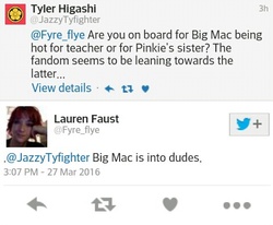 Size: 479x394 | Tagged: safe, big macintosh, g4, implied gay, lauren faust, meta, text, twitter, word of faust