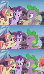 Size: 1280x2144 | Tagged: safe, screencap, amber laurel, ruby love, scarlet heart, spike, starlight glimmer, crystal pony, dragon, pony, unicorn, g4, the crystalling, cute, discovery family logo, female, glimmerbetes, male, mare, out of context, spikabetes, spikelove