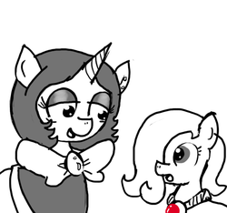 Size: 640x600 | Tagged: safe, artist:ficficponyfic, oc, oc only, oc:emerald jewel, oc:joyride, earth pony, pony, unicorn, colt quest, adult, amulet, bowtie, child, clothes, colt, cyoa, ear piercing, female, femboy, foal, hair over one eye, horn, male, mare, piercing, revenge, story included, talking, trap