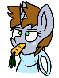 Size: 665x867 | Tagged: safe, artist:coatieyay, oc, oc only, oc:littlepip, pony, unicorn, fallout equestria, bunny pajamas, bust, carrot, cute, easter, easter bunny, fanfic, fanfic art, female, food, freckles, herbivore, horn, mare, mouth hold, nom, simple background, solo, unamused, white background