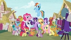 Size: 1920x1080 | Tagged: safe, screencap, apple bloom, applejack, big macintosh, carrot cake, cup cake, fluttershy, granny smith, mayor mare, photo finish, pinkie pie, rainbow dash, rarity, scootaloo, snails, snips, spike, starlight glimmer, sweetie belle, twilight sparkle, zecora, alicorn, pony, unicorn, zebra, g4, season 6, apple siblings, apple sisters, belle sisters, brother and sister, camera, colt, cutie mark, cutie mark crusaders, female, filly, foal, intro, male, mane six, mare, opening, opening credits, siblings, sisters, the cmc's cutie marks, twilight sparkle (alicorn), wingless spike