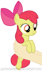 Size: 4333x7208 | Tagged: safe, artist:justisanimation, apple bloom, human, pony, g4, absurd resolution, cute, hand, holding a pony, justis holds a pony, simple background, smiling, solo focus, transparent background