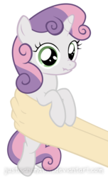 Size: 3736x6139 | Tagged: safe, artist:justisanimation, sweetie belle, human, pony, g4, cute, diasweetes, frown, hand, holding a pony, justis holds a pony, looking at you, nose wrinkle, scrunchy face, simple background, solo focus, transparent background, wide eyes