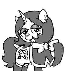 Size: 640x600 | Tagged: safe, artist:ficficponyfic, oc, oc only, oc:joyride, pony, unicorn, colt quest, adult, bowtie, cutie mark, ear piercing, eyeshadow, female, horn, makeup, mare, omega, piercing, smiling, stars, story included