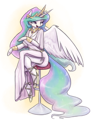 Size: 915x1200 | Tagged: safe, artist:king-kakapo, part of a set, princess celestia, alicorn, anthro, unguligrade anthro, g4, arm hooves, clothes, dress, female, side slit, sitting, solo, stool