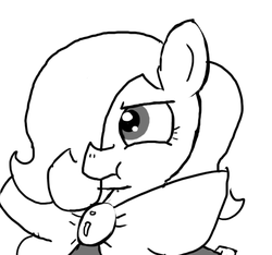 Size: 640x600 | Tagged: safe, artist:ficficponyfic, oc, oc only, oc:emerald jewel, earth pony, pony, colt quest, bowtie, child, clothes, colt, femboy, foal, glare, hair over one eye, male, mantle, puffy cheeks, story included, trap