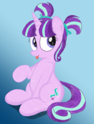 Size: 2200x2900 | Tagged: safe, artist:an-tonio, artist:lord waite, starlight glimmer, pony, unicorn, g4, :p, colored, cute, female, glimmerbetes, high res, mare, pigtails, raised hoof, sitting, smiling, solo, tongue out