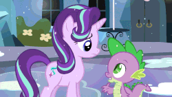 Size: 640x360 | Tagged: safe, screencap, spike, starlight glimmer, dragon, g4, the crystalling, animated, comforting, cute, duo, floppy ears, friendship, hug, shipping fuel, smiling, snow, snowfall, wink, winter