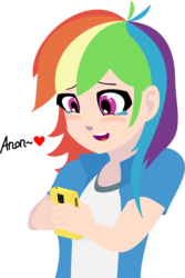Size: 2000x3000 | Tagged: safe, artist:alcesmire, edit, rainbow dash, oc, oc:anon, human, g4, /mlp/, cell, cellphone, clothes, crying, dialogue, eyes on the prize, fanfic art, female, heart, high res, humanized, open mouth, phone, shirt, smiling, solo, tears of joy, teeth