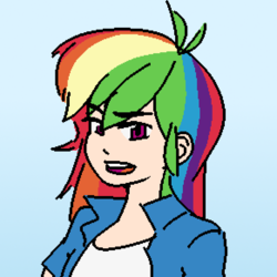 Size: 582x582 | Tagged: artist needed, safe, rainbow dash, human, g4, clothes, female, human coloration, humanized, looking at you, open mouth, shirt, solo, teeth