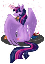 Size: 2411x3438 | Tagged: safe, artist:frozen-fortune, twilight sparkle, alicorn, pony, g4, book, both cutie marks, female, high res, looking back, magic, mare, rear view, simple background, sitting, solo, spread wings, telekinesis, transparent background, twilight sparkle (alicorn)
