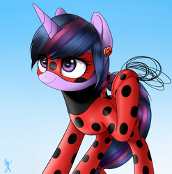 Size: 893x905 | Tagged: safe, artist:supermare, twilight sparkle, pony, unicorn, alternate hairstyle, clothes, cosplay, costume, crossover, cute, eye clipping through hair, female, gradient background, hilarious in hindsight, irony, ladybug (miraculous ladybug), mare, mask, miraculous ladybug, ponytail, signature, solo, twiabetes