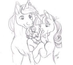 Size: 1113x992 | Tagged: safe, artist:carnivorouscaribou, night light, princess flurry heart, twilight velvet, g4, the crystalling, boop, grandfather and grandchild, grandmother and grandchild, grandparent and grandchild moment, grandparents, grayscale, hug, monochrome, traditional art