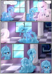 Size: 3541x5016 | Tagged: safe, artist:novaspark, princess celestia, princess luna, trixie, goo pony, original species, g4, butt, comic, dialogue, goo ponified, imminent vore, plot, sleeping, species swap