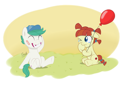 Size: 2000x1500 | Tagged: safe, artist:soulfulmirror, background pony, balloon, foal, gap teeth