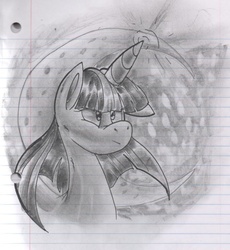 Size: 650x707 | Tagged: safe, artist:virus-20, twilight sparkle, g4, female, grayscale, lined paper, magic, monochrome, moon, solo, traditional art