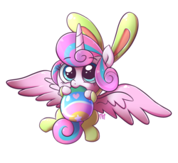 Size: 980x900 | Tagged: safe, artist:frankier77, princess flurry heart, pony, g4, baby, baby pony, biting, bunny costume, bunny ears, clothes, cute, easter, easter egg, female, flurrybetes, looking at you, looking up, nom, simple background, sitting, smiling, solo, spread wings, transparent background
