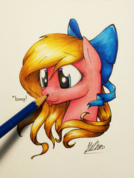 Size: 3120x4160 | Tagged: safe, artist:lollipony, oc, oc only, oc:bay breeze, pegasus, pony, boop, bow, female, hair bow, mare, pencil, simple background, solo, tongue out, traditional art, white background