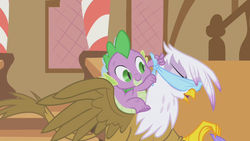 Size: 1280x720 | Tagged: safe, screencap, gilda, spike, griffon, g4, griffon the brush off, blindfold, out of context