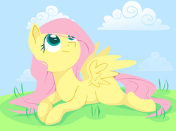 Size: 4060x3017 | Tagged: safe, artist:choco98pink, fluttershy, pegasus, pony, g4, cloud, female, grass, high res, looking away, looking up, lying down, missing cutie mark, prone, solo, spread wings, stray strand, wings