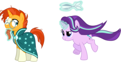 Size: 5947x3073 | Tagged: safe, artist:osipush, starlight glimmer, sunburst, pony, unicorn, g4, duo, duo male and female, female, hilarious in hindsight, magic, male, mare, scissors, simple background, stallion, sweat, telekinesis, this will end in tears, transparent background