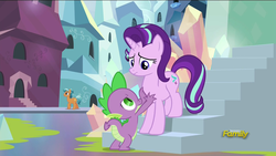 Size: 1920x1080 | Tagged: safe, screencap, spike, starlight glimmer, the crystalling, crystal empire, discovery family logo, encouragement