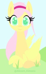 Size: 557x892 | Tagged: safe, artist:alicornkimono, fluttershy, pegasus, pony, g4, female, flat colors, folded wings, front view, full face view, grass, hairband, lineless, looking at you, mare, missing cutie mark, prone, solo, wings