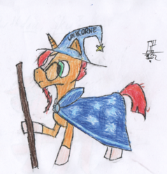 Size: 560x586 | Tagged: safe, artist:gentlemanpirate, sunburst, g4, the crystalling, discworld, male, rincewind, solo, staff, traditional art