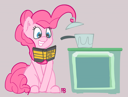 Size: 1280x974 | Tagged: safe, artist:pabbley, pinkie pie, earth pony, pony, g4, 30 minute art challenge, anarchist cookbook, book, cooking, female, grin, kitchen, pot, prehensile mane, sitting, solo, this will end in tears and/or breakfast