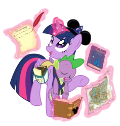 Size: 1600x1688 | Tagged: safe, artist:lostinthetrees, spike, twilight sparkle, alicorn, dragon, pony, g4, baby, baby carrier, baby dragon, book, checklist, crossover, cute, cutie mark, disney, disneyland, drool, duo, feather, female, glowing horn, hat, hnnng, horn, levitation, logo, looking up, magic, male, mama twilight, map, mare, mickey hat, quill, raised hoof, saddle bag, sleeping, spikabetes, spikelove, strap, telekinesis, twiabetes, twilight sparkle (alicorn)